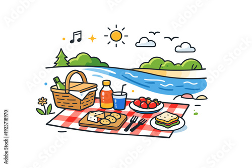 Picnic by the river outdoor recreation scene with snacks and utensils arranged near flowing water, expressing freedom, freshness and casual