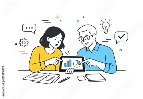 Collaborative project work. Two team members review documents together, pointing at charts on a tablet, subtle motion lines and icons