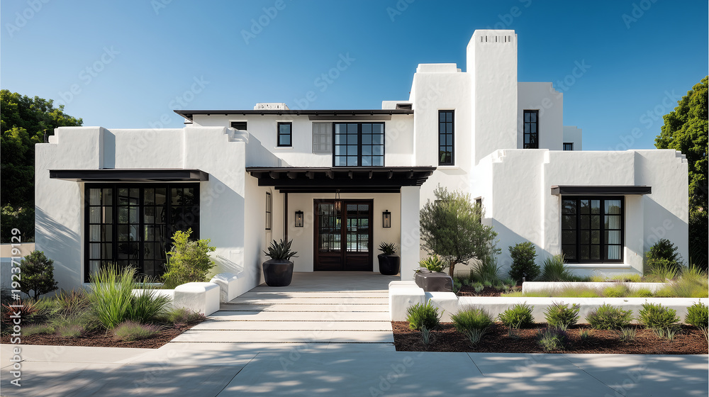 Fototapeta premium Low-angle wide shot of a contemporary villa exterior in bright noon light, white stucco walls and matte black framing in perfect symmetry.