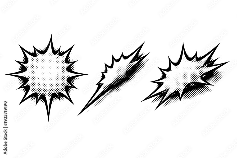 Fototapeta premium Comic halftone action emphasis shape. A single comic action emphasis shape shown in three views: front view, side view, and three-quarter view, defining bold