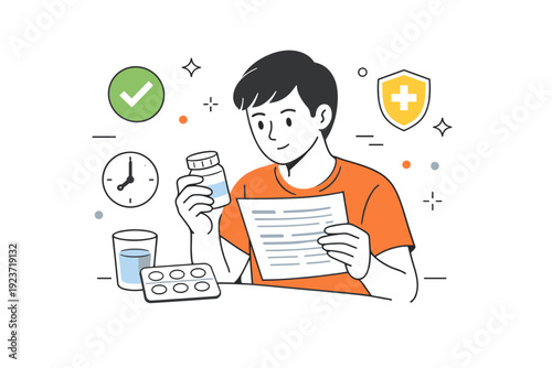 Medicine dosage instructions. A person carefully reading a prescription label and instruction leaflet. The scene shows attention, safety, and