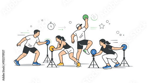 Team training with reaction light system. Multiple athletes responding to different lights, shared energy and coordination, modern group