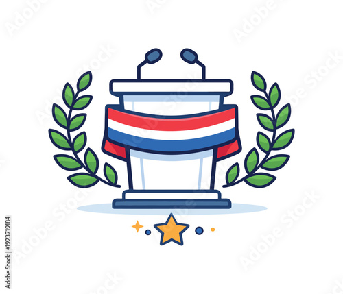 Political podium with microphones, laurel wreath, and ribbon, symbolizing debate and victory