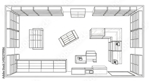 Detailed architectural blueprint of a modern office space with furniture and layout.