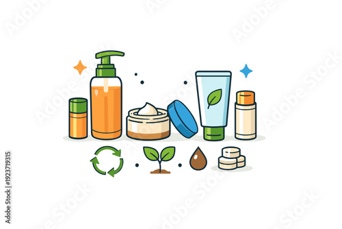 Sustainable beauty packaging shown as refillable containers arranged neatly with natural accents, expressing reuse, reduction of waste and