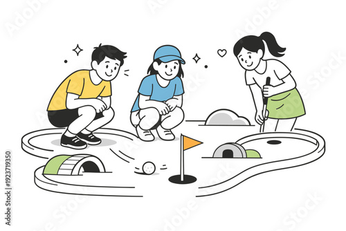Seasonal mini-golf visits. Friends watching a ball roll toward the hole, gentle anticipation and smiles, curved paths and small obstacles