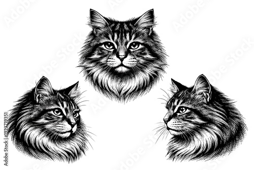 Cat Halftone Portrait. Cat portrait, A long-haired cat head presented as a single object in three distinct views showing fur volume, ear shape, and muzzle