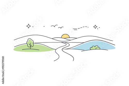 Nature and landscapes. A wide calm landscape with rolling hills, a winding path, and a soft horizon line. Quiet openness and balance between