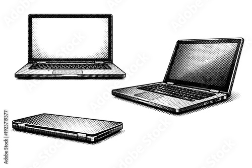 Black and white halftone tech icon laptop computer A laptop computer is presented as one object shown from three different views: open front view, closed side