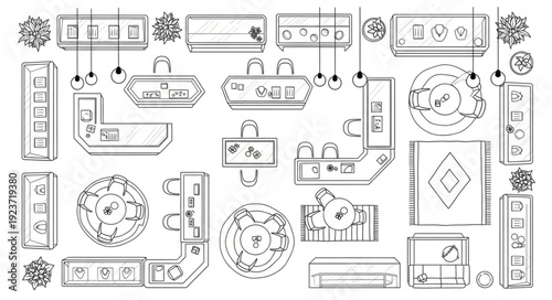 Detailed architectural floor plan showcasing various kitchen and dining room layouts.