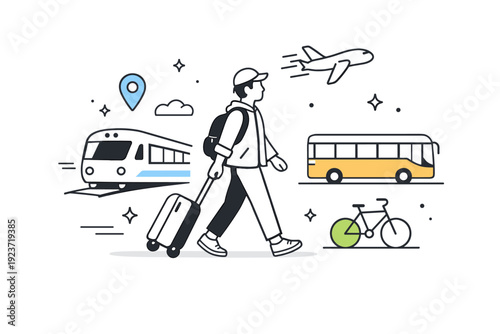 Urban commute and travel. A traveler moves through a city with a small suitcase, passing abstract transport icons. The scene highlights