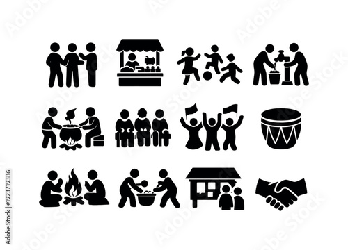 Village Community Life. Solid icon set of Village Community Life: villagers talking, open market stall, children playing, shared water tap,