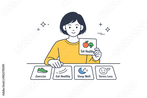 Immune-friendly lifestyle choices. A minimal scene showing a character calmly selecting healthy habit cards from a small set, suggesting