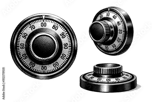 Bank vault reinforced combination lock hub. Black and white dot style with halftone texture and high contrast. Halftone texture with partial
