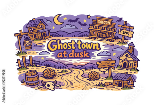 Ghost town at dusk. Hand-drawn doodle illustration of Ghost town at dusk. abandoned houses,