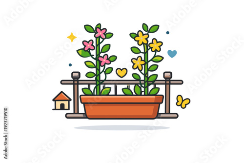 Spring home balcony potted plants growing upward along a small railing with subtle decorative elements, expressing renewal, care, and home