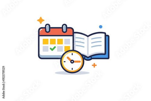 Reading log illustrated by a calendar page paired with a book icon, conveying routine reading practice, time management, and steady learning