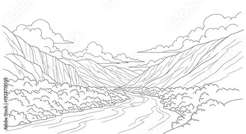 Scenic mountain landscape with river and clouds in linear art style