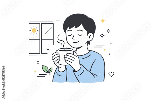 Mindful coffee and tea rituals. A person holding a warm mug with both hands near a window, eyes closed, soft light and calm breathing, focused on warmth and