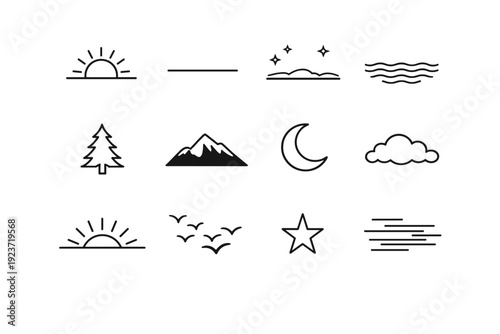 Sunset elements. Line icon set of Sunset elements: descending sun, horizontal line, dusk sky, calm sea, pine tree silhouette, mountain edge,
