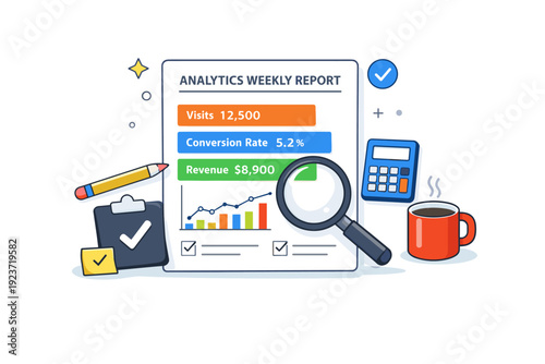 Analytics weekly report shown as a focused workspace with a report page and highlighted key metrics, symbolizing review, accountability and