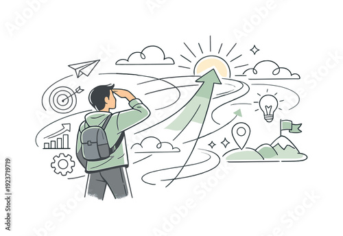 Future vision illustration. A person looking ahead toward abstract horizons, light paths and