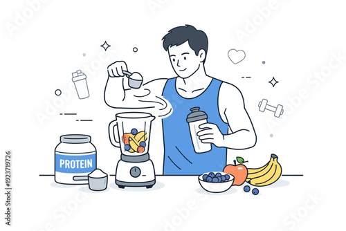 Athlete nutrition prep scenes. Athlete preparing a smoothie or shake, blender on the counter with fruits and protein scoop nearby, efficient routine and