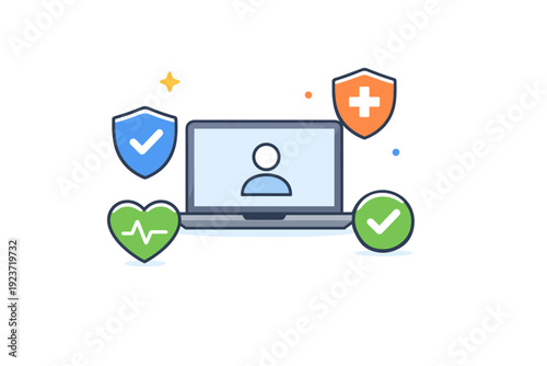 Digital workplace safety for distributed teams remote worker protected by abstract shield and checkmark icons around a laptop, symbolizing