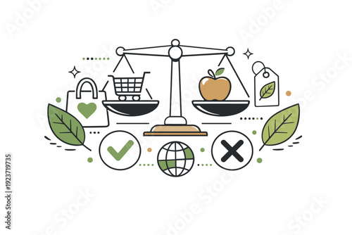Abstract ethical decision concept. Stylized shopping symbols, leaves, scales, and checkmarks arranged in a balanced decorative composition. Modern symbolic