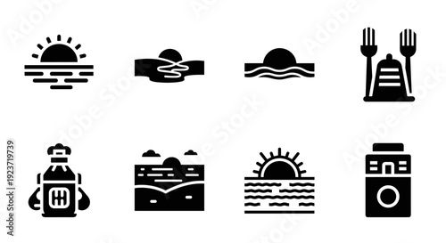 Minimalist sunrise and food icons set: modern silhouette style designs for creative projects
