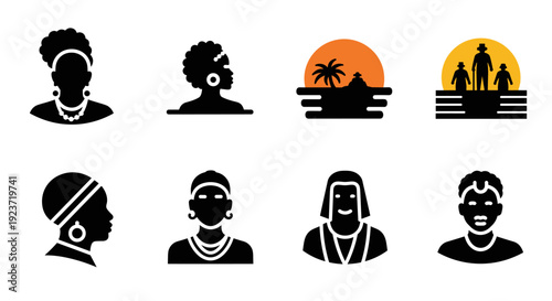 Silhouette icons of diverse cultures and tropical sunsets