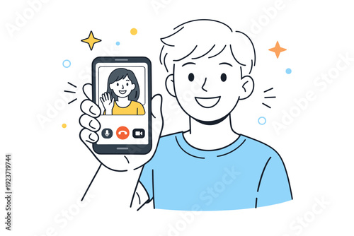 Video call on smartphone. A smiling person holding a phone showing a video chat interface, abstract stars and dots around, friendly and engaging