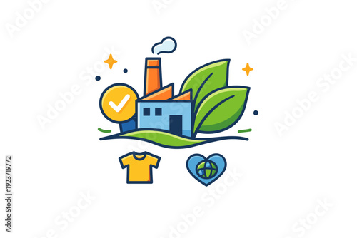 Sustainable fashion expressed as ethical production with simple factory and leaf symbols combined, communicating transparency, fair practices