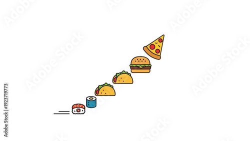 Colorful fast food icons ascending vertically.