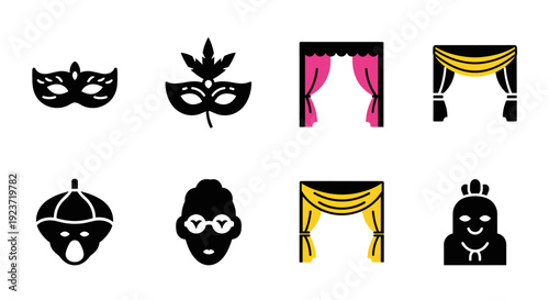 Stylish theater masks and curtains: bold silhouette icons with a modern twist