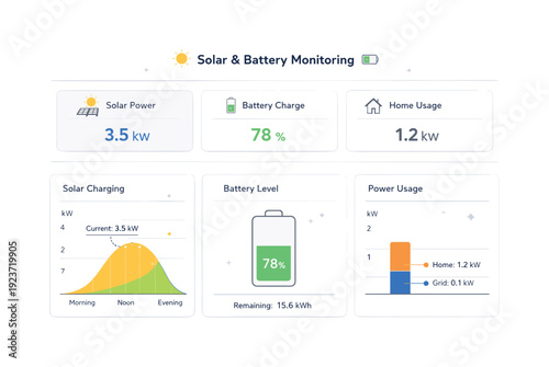 Solar and battery monitoring. A clean dashboard interface with simple charts displaying solar panels charging a home battery in real time.