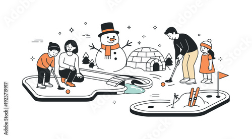 Family enjoys a fun winter day playing mini golf with a snowman and igloo in the background