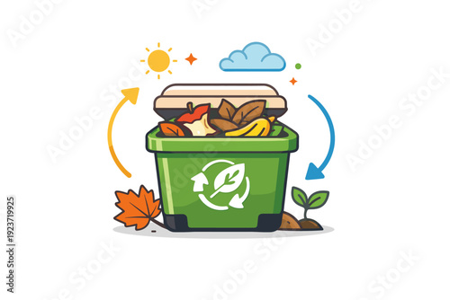 Organic waste composting visualized through a small compost container with leaves and food scraps, conveying natural cycles, eco friendly
