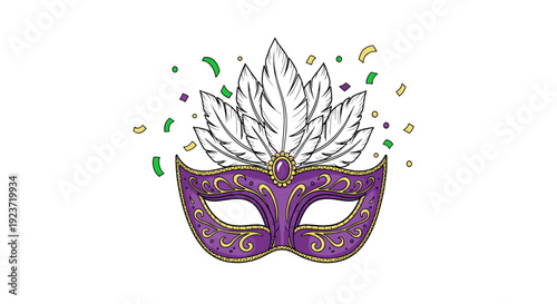 Colorful carnival mask with feathers and confetti elements on white background