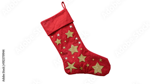 Photos Red Christmas stocking with golden stars hanging for holiday decoration isolated