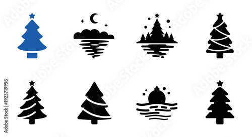 Minimalist pine tree and holiday scene collection for festive design projects