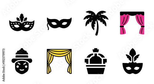 Colorful icon set: masks, palm trees, curtains, and hats in flat style