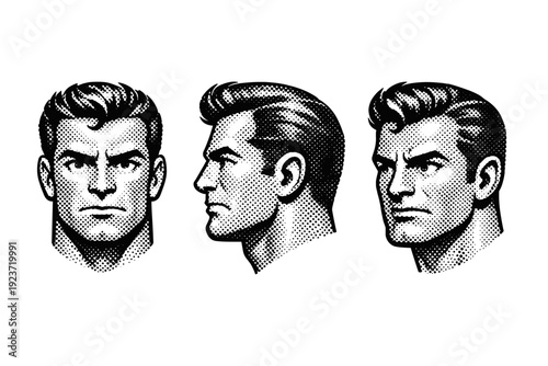 Pop culture halftone cartoon-style head A simplified pop culture character head object shown in three views including frontal view, side view, and