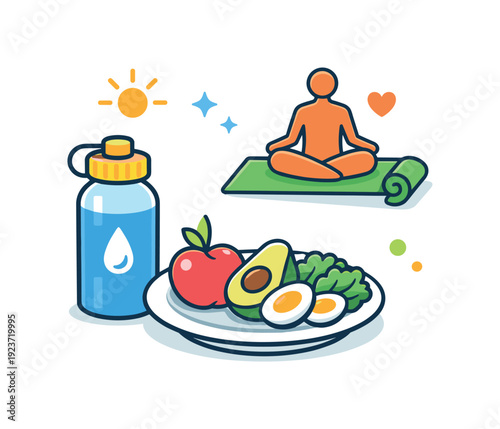 Healthy lifestyle calm morning routine with water bottle, fresh food and light activity cues, conveying balance, intention and everyday