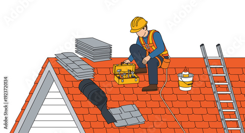 A construction worker in a hard hat kneels on a pitched roof, opening a toolbox near shingles.