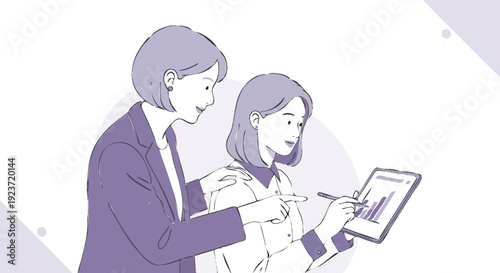 Businesswoman guiding colleague to analyze data on tablet