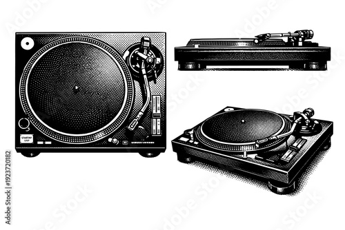 Three-View DJ Turntable. Professional DJ turntable A professional DJ turntable displayed in three views highlighting precise geometry, platter thickness, and