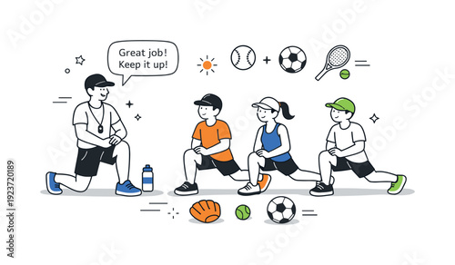 Coach leading children in sports stretching exercises with various balls and equipment