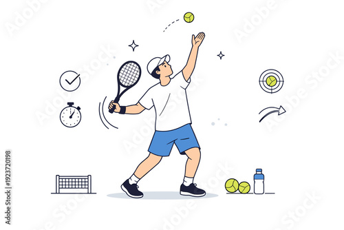 Tennis season opening drills ? serve technique rehearsal. A calm instructional scene with a player practicing serve motion without full power, ball toss
