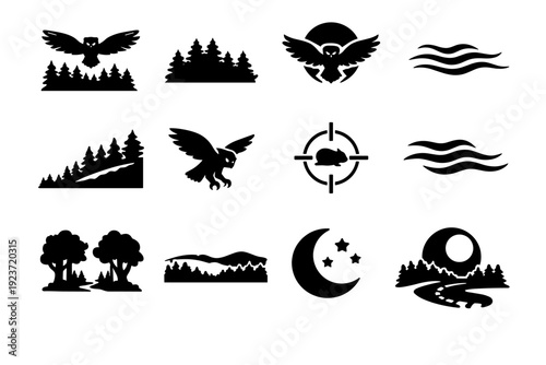 Forest Night Flight. Solid icon set of Forest Night Flight: owl above trees, treetop silhouette, moon behind wings, misty air lines, forest edge, owl hunting